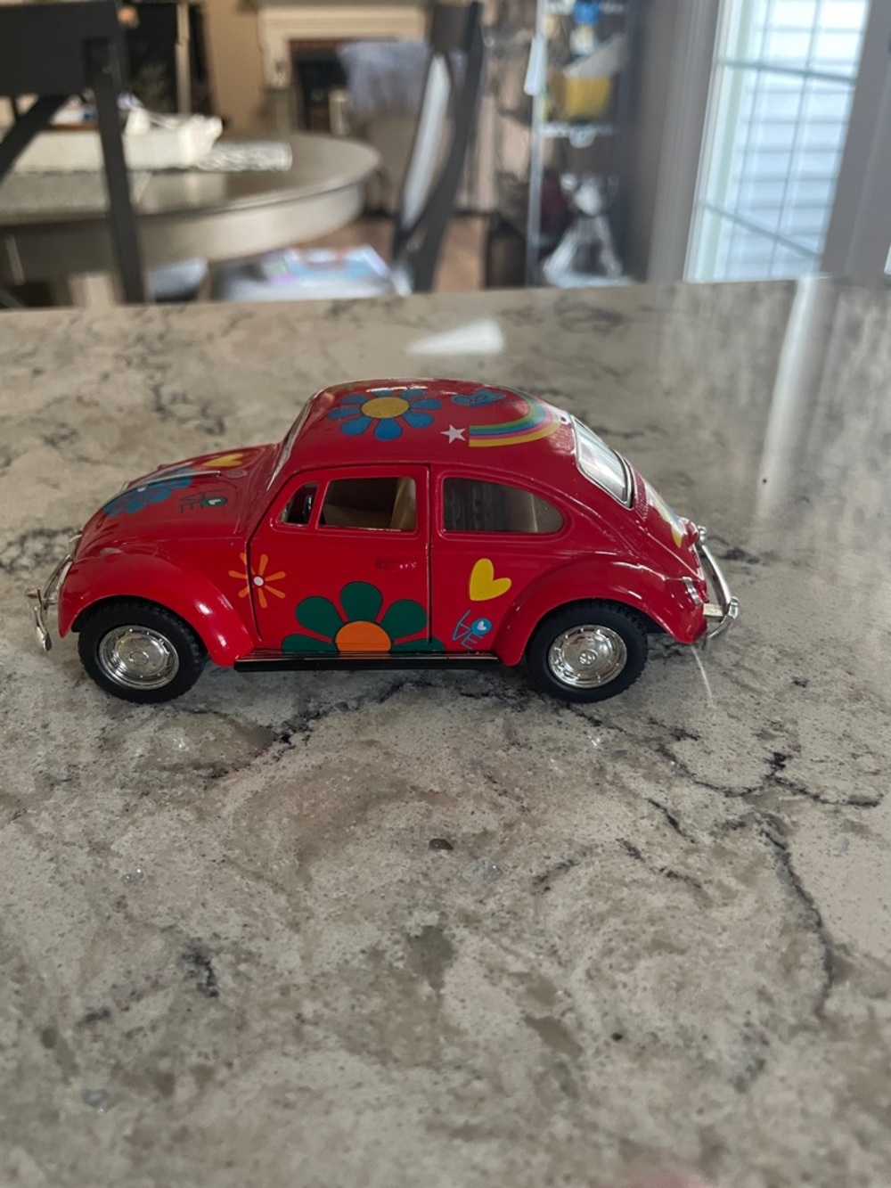 Love Red Flower Power Beetle VW Toy Car with Rainbow Accents. 1967. 1/32 Scale.